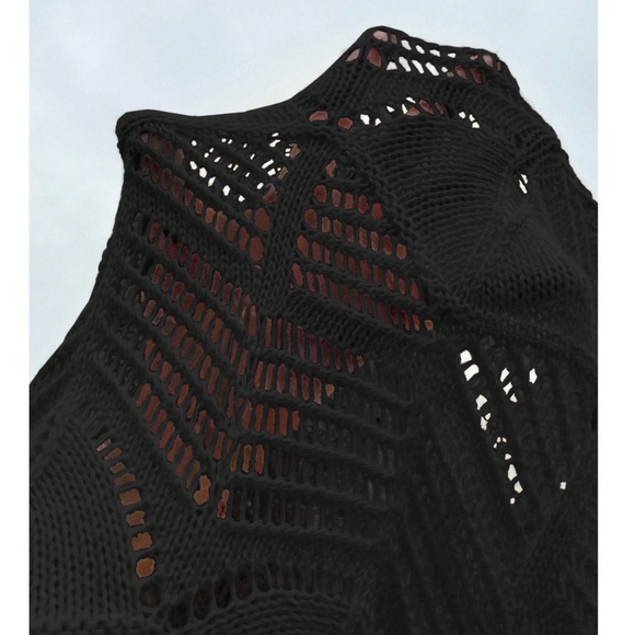 Black Hollow Out Knit Long Bell Sleeve Pullover Light Sweater Boat Neck - Picture 7 of 8